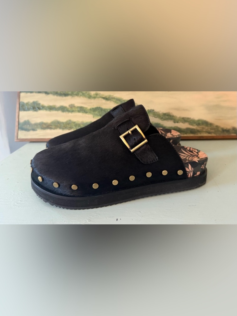 Johnny Was Nido Haircalf Mule Black Studded Clog Size 10 NWOB